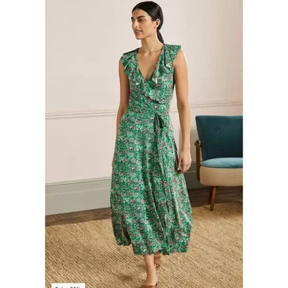 Boden Womens Dress UK 12R US 8  Green Floral Saskia Jersey Maxi Wrap D0174 NWT - Picture 1 of 13